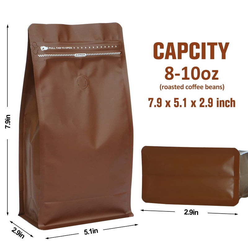 REMTAP Coffee Bags with Valve(50pcs,16 oz) Brown High Barrier Aluminumed Foil Flat Bottom Standing Coffee Beans Storage Bags,Reusable Heat Sealable Side Zipper Pouches for Home or Store - Image 2